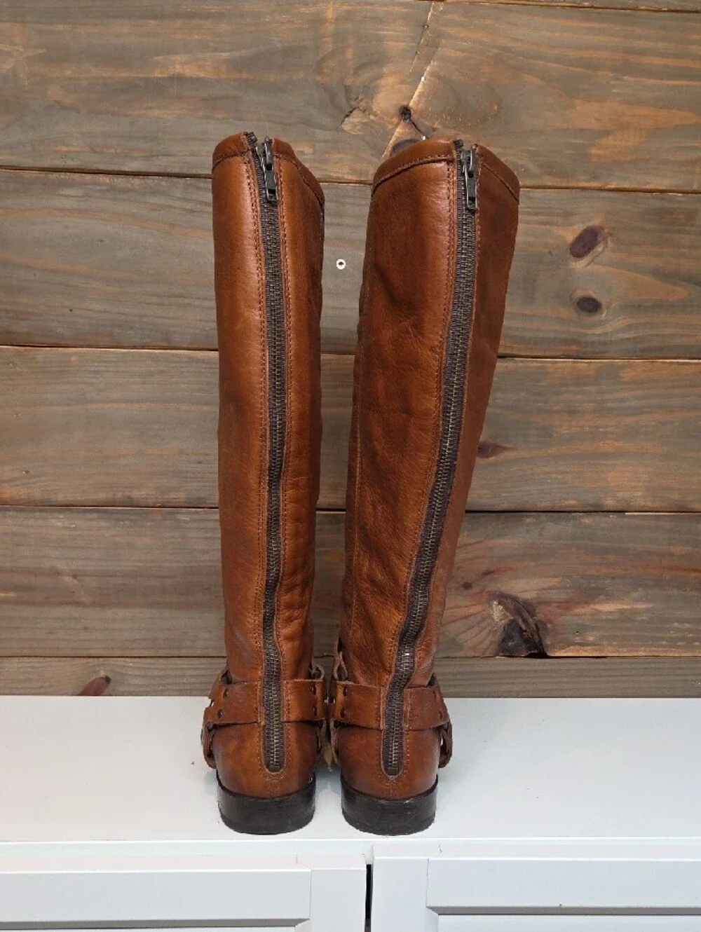 Frye Phillip Harness Tall Cognac Brown Leather Boots